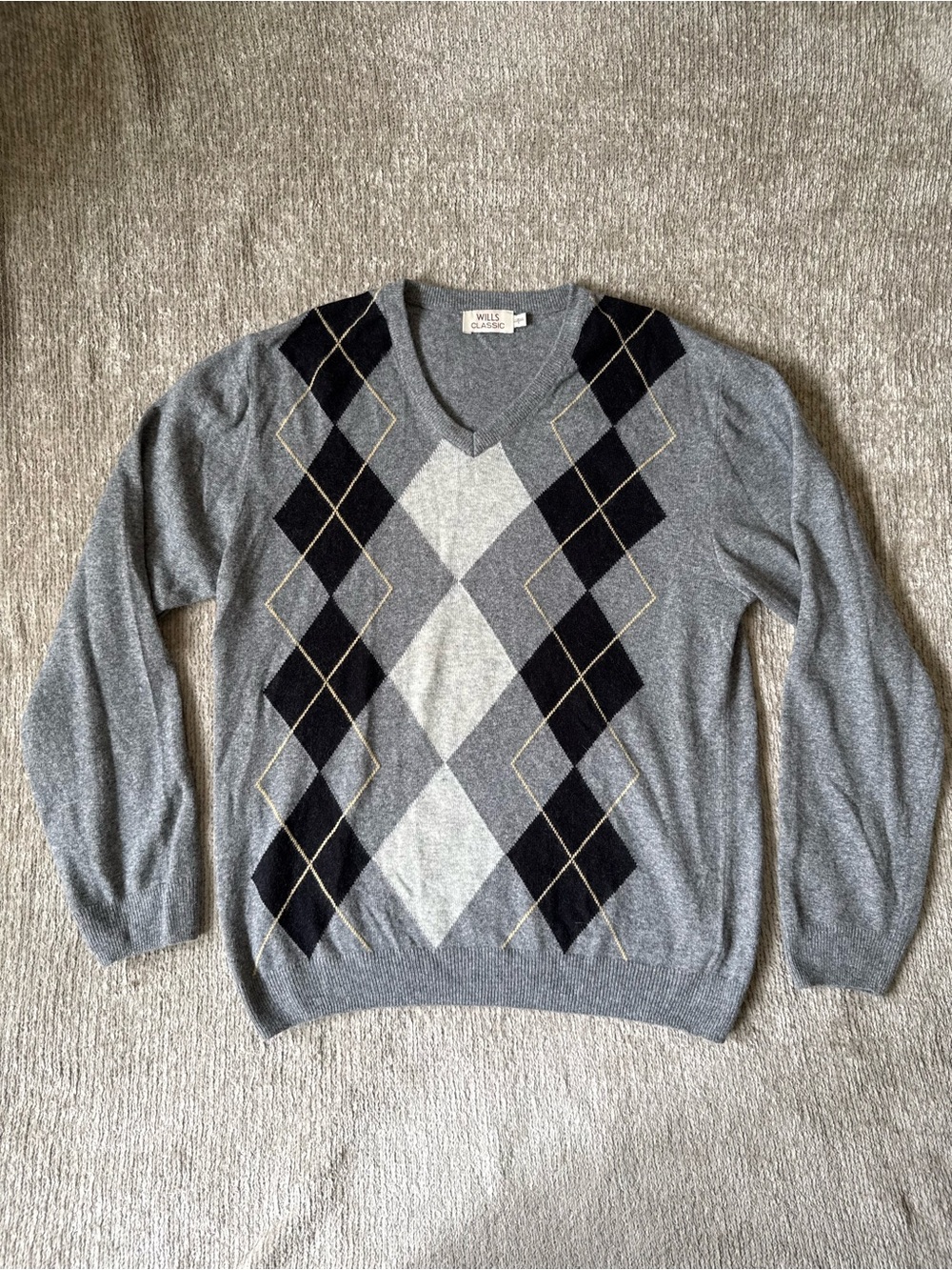 Wills Huckberry Men’s Cashmere Wool Blend Argyle V Neck Sweater Gray Large